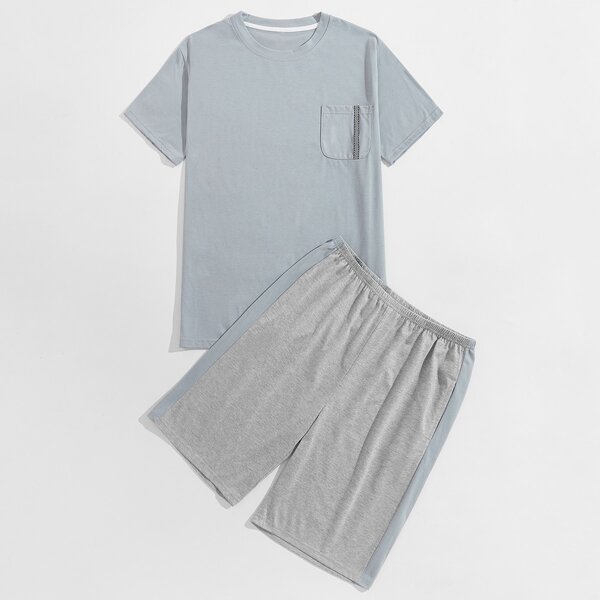 

Men Pocket Front Tee With Shorts PJ Set, Light grey
