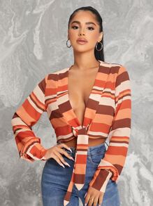 SHEIN SXY Block Stripe Knot Front Crop Top - Multicolor - View 1