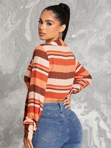 SHEIN SXY Block Stripe Knot Front Crop Top - Multicolor - View 2
