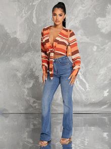 SHEIN SXY Block Stripe Knot Front Crop Top - Multicolor - View 3