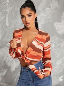 SHEIN SXY Block Stripe Knot Front Crop Top - Multicolor - View 4