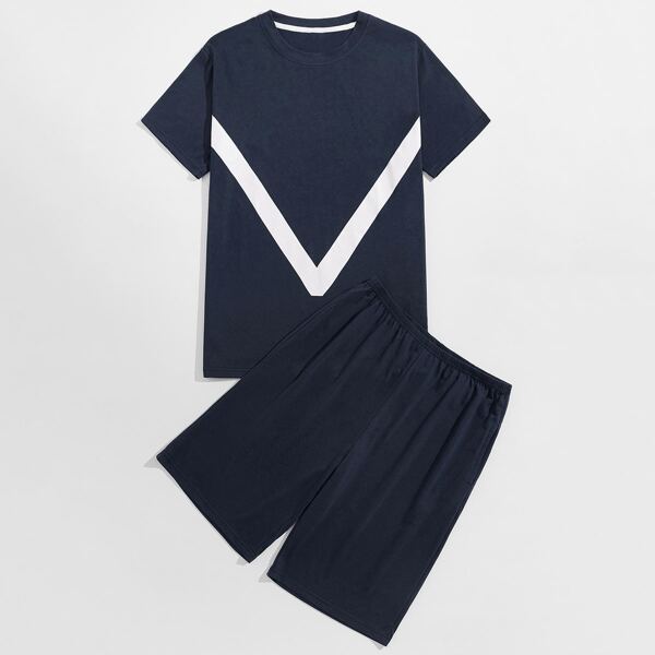 

Men Chevron Print Slant Pocket PJ Set, Navy blue