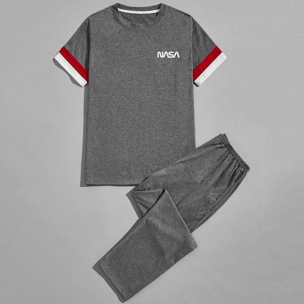 

Men Letter And Striped Print PJ Set, Grey