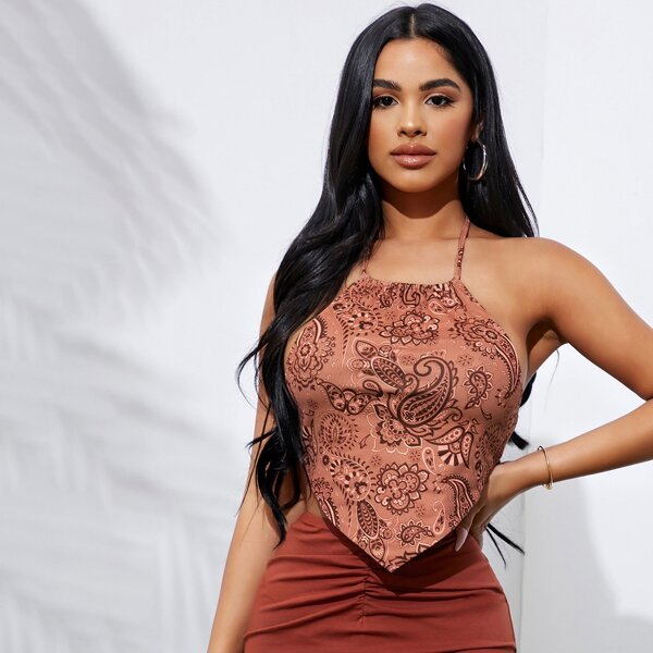 

Paisley Print Asymmetrical Hem Backless Halter Top, Rust brown