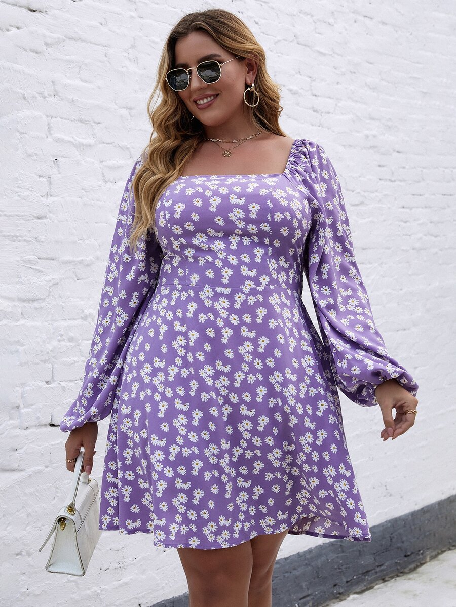 Plus Square Neck Ditsy Floral Print A-line Dress - Violet Purple - View 1