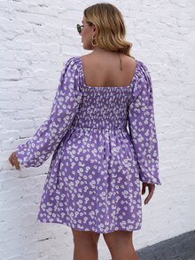 Plus Square Neck Ditsy Floral Print A-line Dress - Violet Purple - View 2