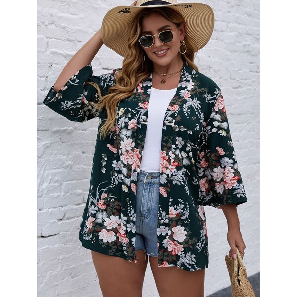 

Plus Floral Print Open Front Kimono, Green