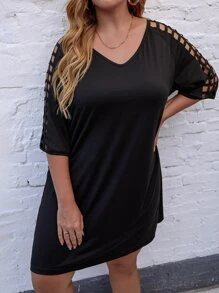 SHEIN LUNE Vestido estilo camiseta con abertura de manga raglán con cordón trasero - Negro - Ver 1