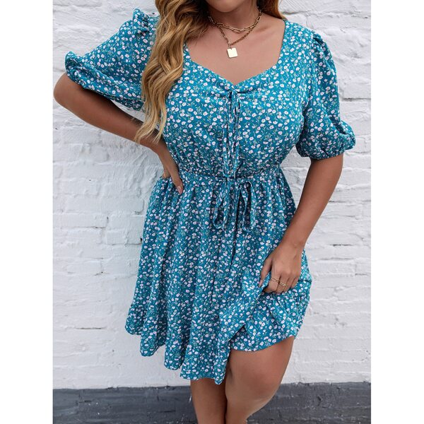 

Plus Ditsy Floral Tie Front Ruffle Hem Belted Dress, Blue