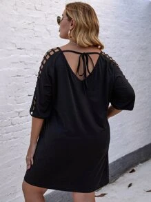 SHEIN LUNE Vestido estilo camiseta con abertura de manga raglán con cordón trasero - Negro - Ver 2