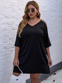 SHEIN LUNE Vestido estilo camiseta con abertura de manga raglán con cordón trasero - Negro - Ver 3
