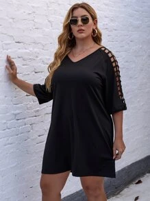 SHEIN LUNE Vestido estilo camiseta con abertura de manga raglán con cordón trasero - Negro - Ver 4