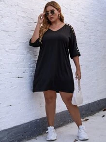 SHEIN LUNE Vestido estilo camiseta con abertura de manga raglán con cordón trasero - Negro - Ver 5