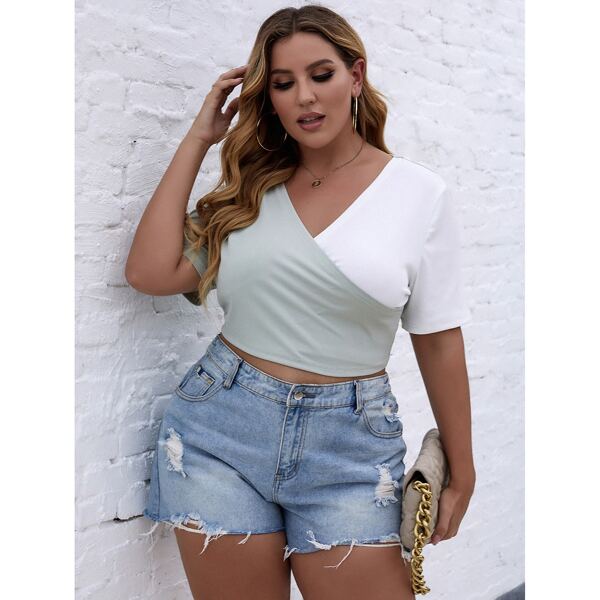 

Plus Two Tone Wrap Crop Top, Multicolor
