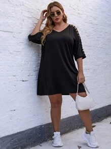 SHEIN LUNE Vestido estilo camiseta con abertura de manga raglán con cordón trasero - Negro - Ver 6