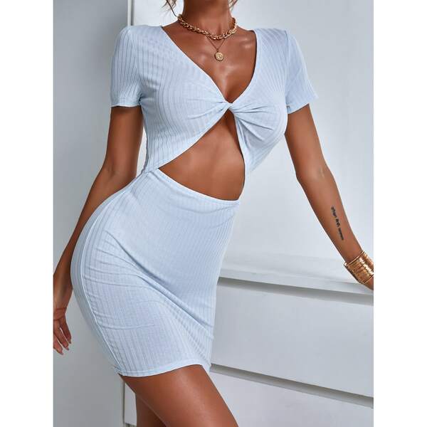 

Deep V-neck Twist Cut Out Bodycon Dress, Baby blue
