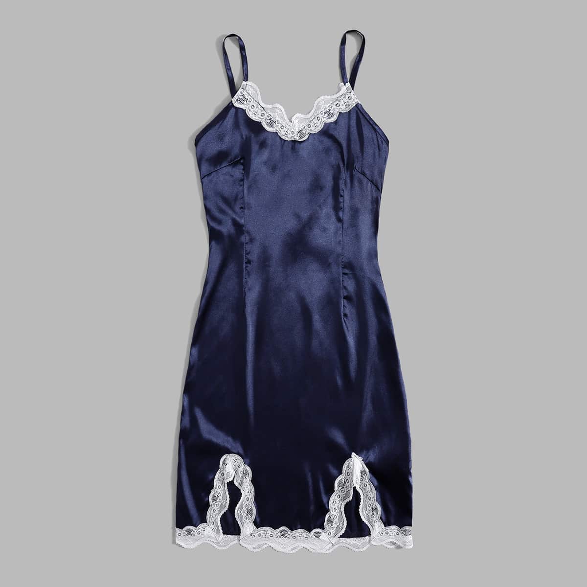 

Satin Contrast Lace Slit Hem Cami Dress, Navy blue