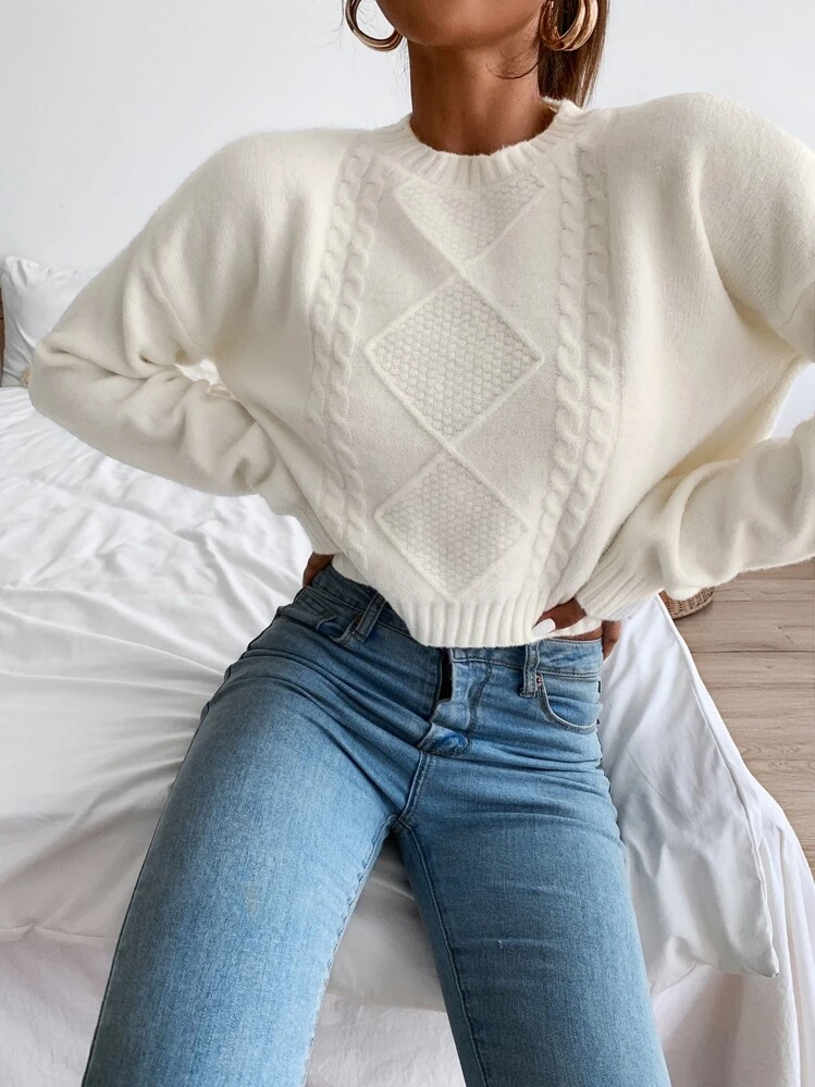 SHEIN Essnce 粗针织落肩毛衣、长袖上衣 - 米色 - 查看 6