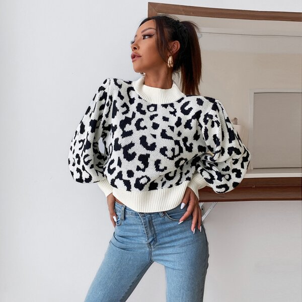 

Allover Pattern Bishop Sleeve Mock Neck Sweater, Black and white