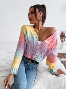 SHEIN Essnce Ombre Cable Knit Drop Shoulder Cardigan - Multicolor - View 6