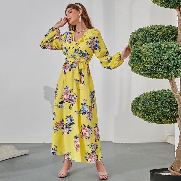 

Floral Surplice Neck Ruffle Trim Belted A-line Dress, Yellow
