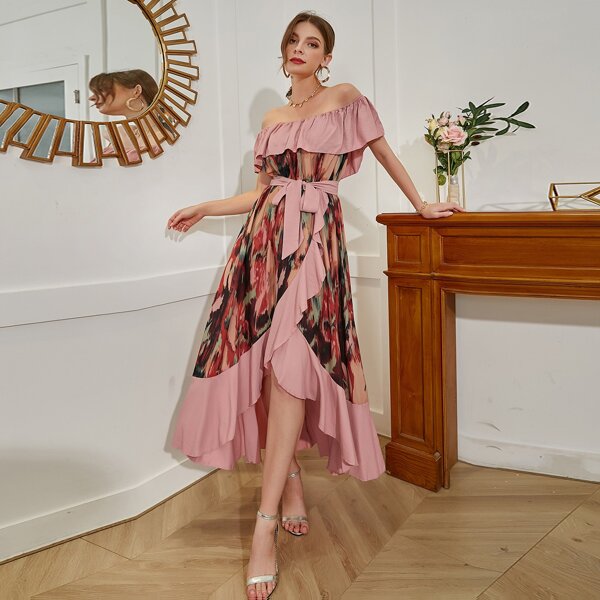 

Graphic Print Off Shoulder Ruffle Wrap Hem Belted Dress, Multicolor
