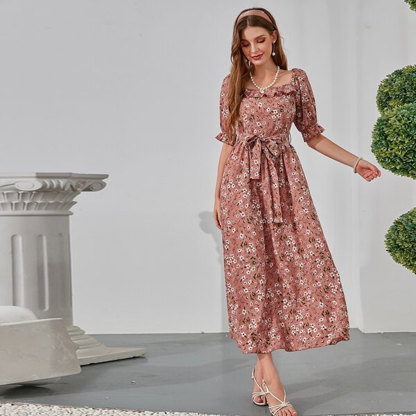 

Allover Floral Belted Ruffle Trim Dress, Dusty pink