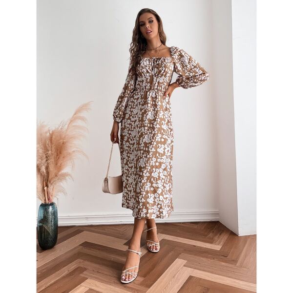 

Floral Print Knot Front A-line Dress, Brown