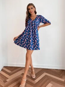 Aveloria Allover Floral Print V-neck Dress - Blue - View 1