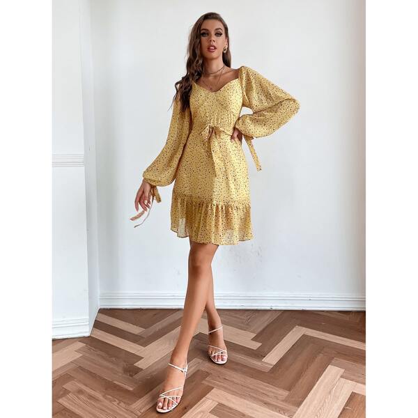 

Allover Print Bishop Sleeve Ruffle Hem Belted Dress, Yellow