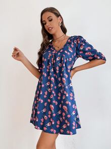 Aveloria Allover Floral Print V-neck Dress - Blue - View 6