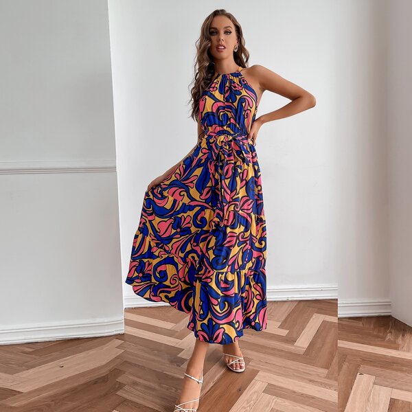 

Scroll Print Belted Halter Dress, Multicolor