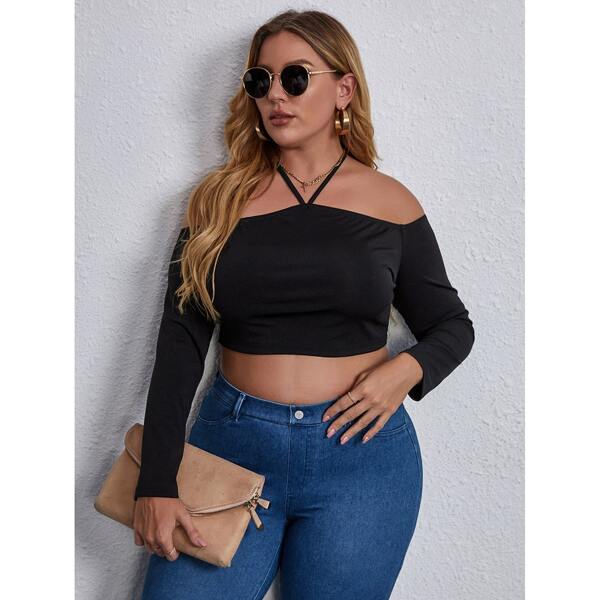 

Plus Tie Back Halterneck Crop Tee, Black