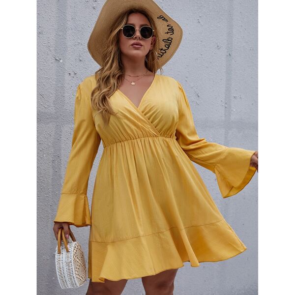

Plus Flounce Sleeve Ruffle Hem A-line Dress, Yellow
