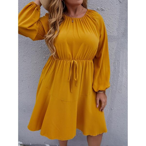 

Plus Knot Front Lantern Sleeve A-line Dress, Mustard yellow