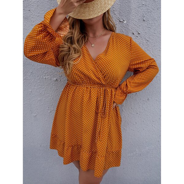 

Plus Polka Dot Print Belted A-line Dress, Ginger