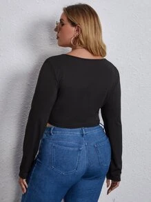 Plus Half Zip Flap Detail Crop Tee - Black - View 2