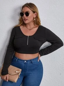 Plus Half Zip Flap Detail Crop Tee - Black - View 3