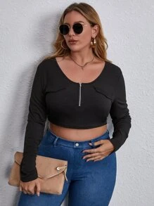 Plus Half Zip Flap Detail Crop Tee - Black - View 5