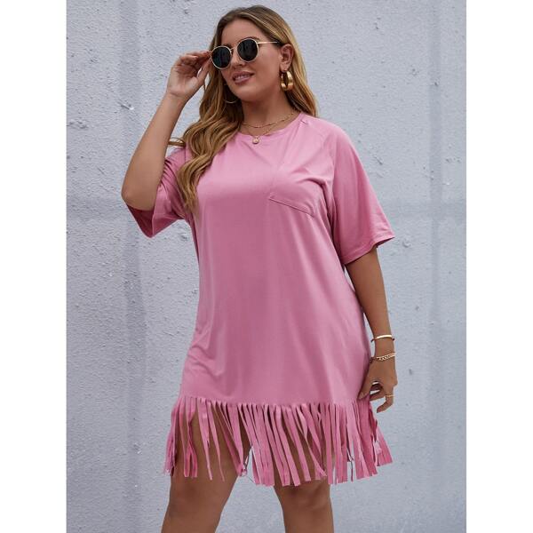 

Plus Solid Fringe Hem Tee Dress, Pink