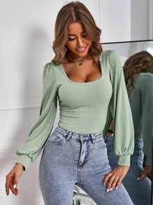 SHEIN Frenchy Scoop Neck Bishop Sleeve Tee Winter Green Casual Christmas Spring - Mint Green - View 4