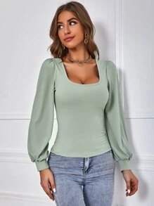 SHEIN Frenchy Scoop Neck Bishop Sleeve Tee Winter Green Casual Christmas Spring - Mint Green - View 5