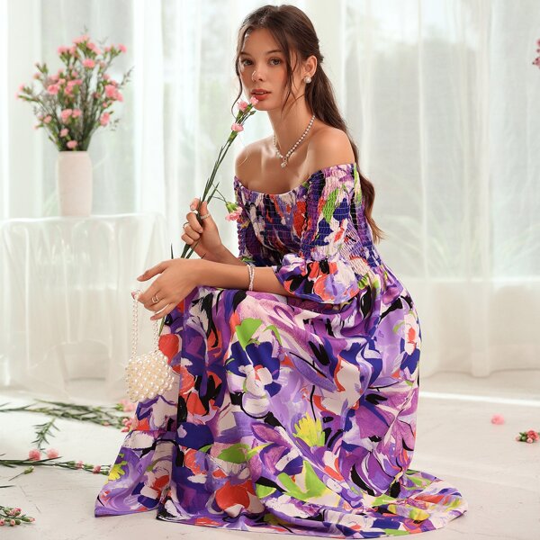 

Off-shoulder Floral Print Shirred Dress, Multicolor