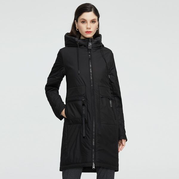 

Zip Pocket Drawstring Hooded Longline Puffer Coat, Black