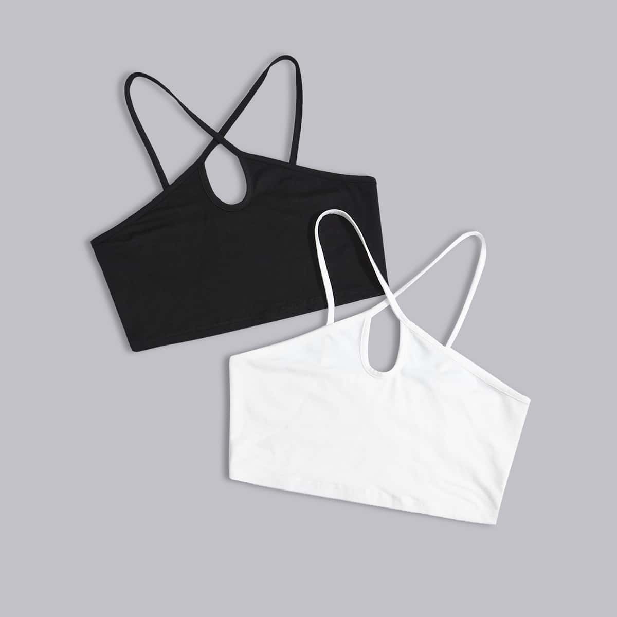 

2 Pack Solid Criss Cross Cut Out Cami Top, Black and white
