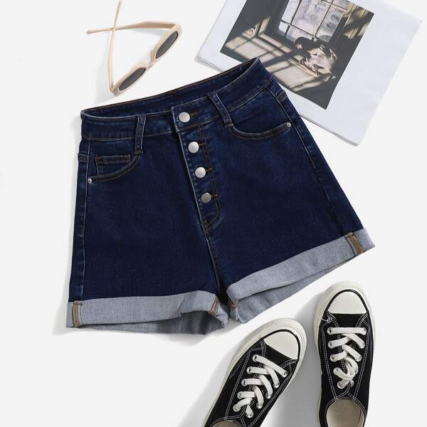 

Black Wash Button Fly Denim Shorts, Dark wash