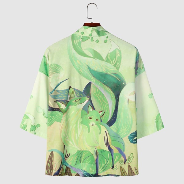 

Men Fox Print Open Front Kimono, Green