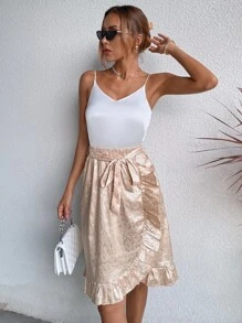 SHEIN Privé Floral Jacquard Ruffle Trim Belted Wrap Skirt - Apricot - View 5