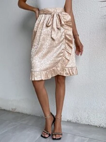 SHEIN Privé Floral Jacquard Ruffle Trim Belted Wrap Skirt - Apricot - View 1