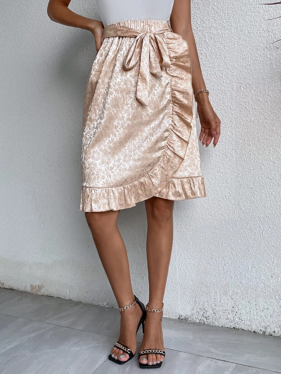SHEIN Privé Floral Jacquard Ruffle Trim Belted Wrap Skirt - Apricot - View 1